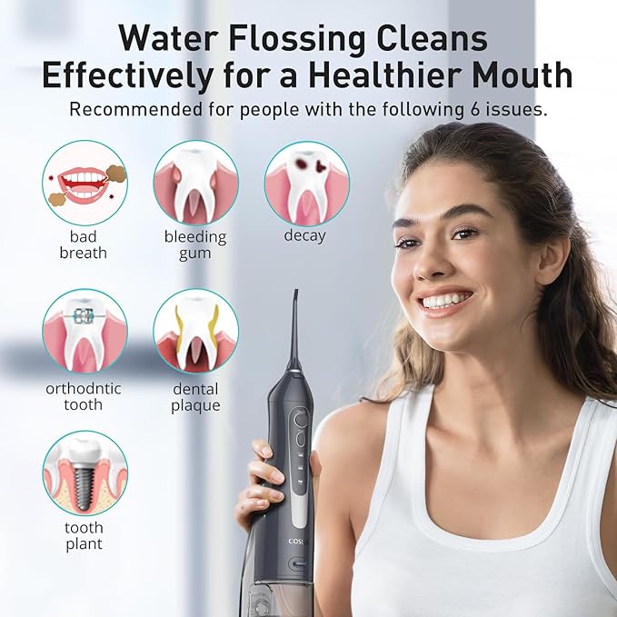 COSLUS Water Dental Flosser Teeth Pick: Portable Cordless Oral Irrigator 300ML Rechargeable Travel Irrigation Cleaner IPX7 Waterproof Electric Flossing Machine for Teeth Cleaning C20(F5020E) Grey
