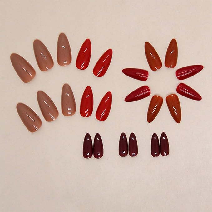 24 Pcs Press on Nails Short Almond Wine Red Gradually Changes Fake Nails Full Cover Opaque Reusable Acrylic Glue on Nails Removable Stick on Nails 12 Size Kit for Women Girls
