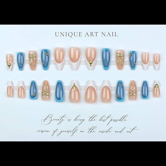 White French Tip Press on Nails Medium Almond Fake Nails with 3D Gold Bow Star Designs Blue Acrylic False Nails Glue on Nails Full Cover Stick on Nail for Women Quick Manicure Kit 24Pcs