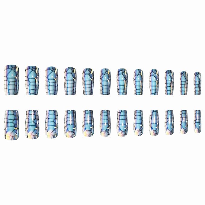 BABALAL Press on Nails Medium Square Fake Nails Blue Glue on Nails Snake Print Goth Acrylic Nails Chrome False Nails 24Pcs Squoval Manicure Stick on Nails Cyber Artificial Nails