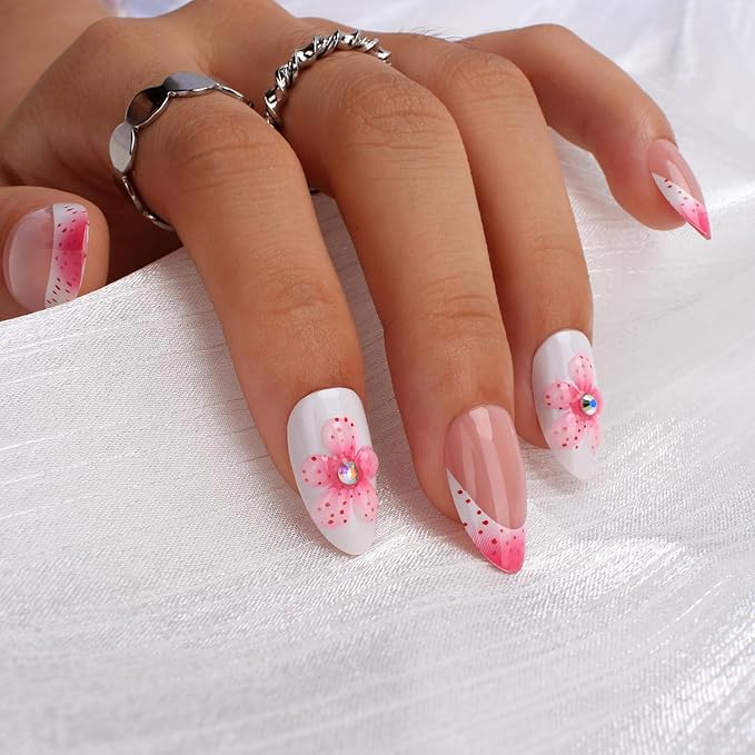 3D Flower Press On Nails Short Almond – 24PCS Pink French Fake Nails with Rhinestones, Glossy White Acrylic Stick On Nails with Glue Kit, Elegant Floral Reusable Nails for Women & Girls