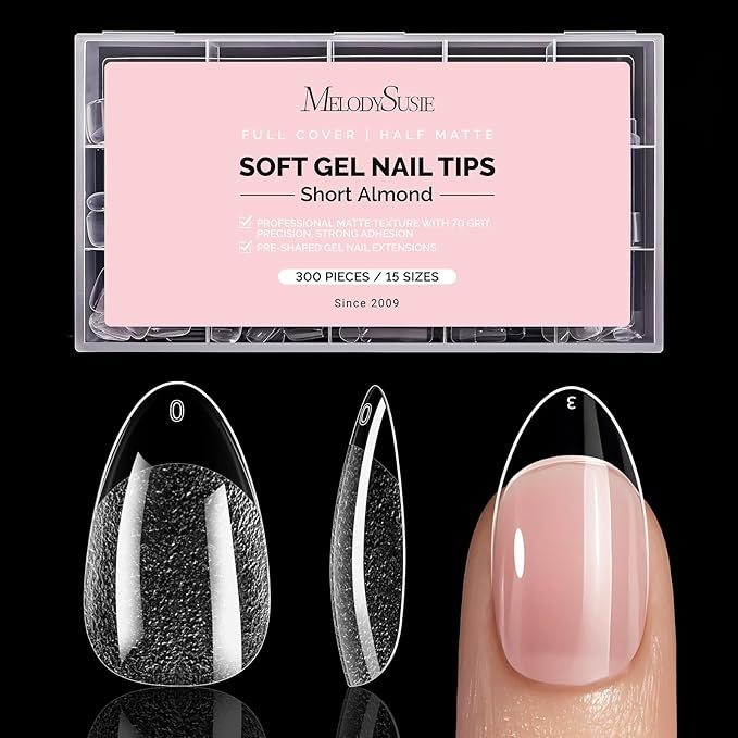MelodySusie Short Almond X Nail Tips - 300Pcs Clear Acrylic,Half Matte Full Cover Press on Nails for DIY Extension & Salon Use,15 Sizes Pre-Shaped for Long-Lasting Manicure