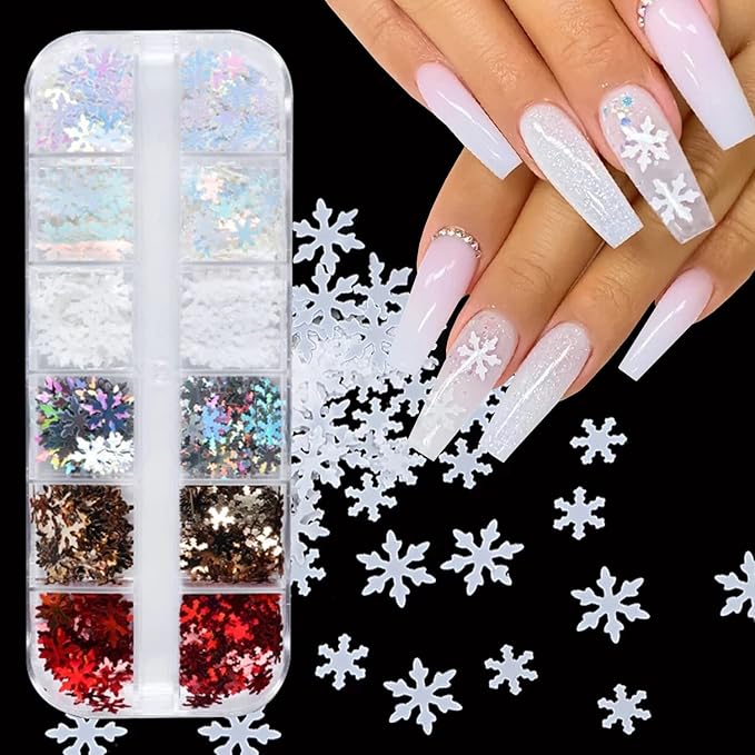 12 Grids 3D Snowflake Nail Glitter Sequins Snowflake Nail Art Stickers Decals Holographic Laser Christmas Nail Glitter Flakes Xmas Winter Snowflake Glitter for Nails Accessories Snow Nail Art Glitters