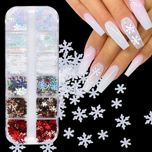 12 Grids 3D Snowflake Nail Glitter Sequins Snowflake Nail Art Stickers Decals Holographic Laser Christmas Nail Glitter Flakes Xmas Winter Snowflake Glitter for Nails Accessories Snow Nail Art Glitters