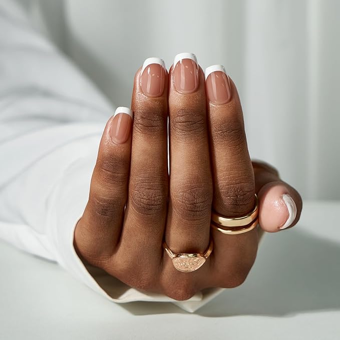 BTArtbox French Tip Press On Nails - Short Square Press On Nails, Natural Fake Nail with Nail Glue, Brown Glue On Nails in 15 Sizes - 30 Fake Nails Kit