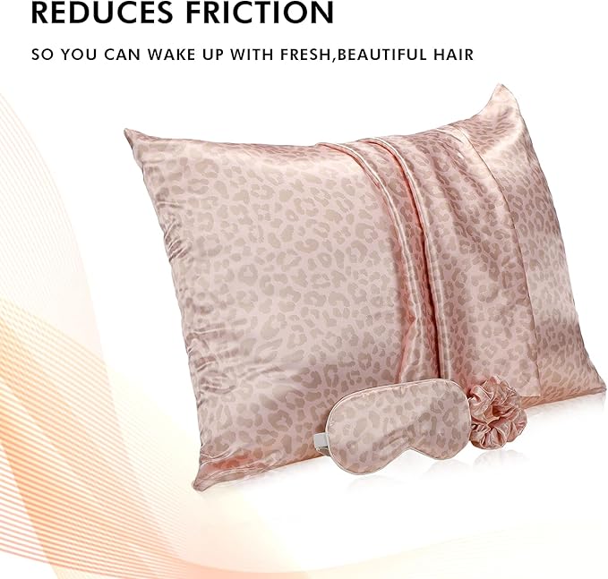 2 Pack Satin Pillowcase with Latent Zipper, Adjustable Satin Eye Mask for Sleeping and Satin Volume Scrunchie for Hair and Skin, Standard Size (Pink, Leopard Style)