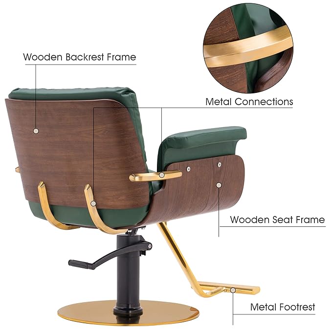 BarberPub Salon Chair Hydraulic Barber Chair Curved Wood Frame Hair Cutting Beauty Spa Salon Styling Equipment 3071 (Green)