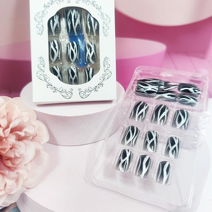 Short Square Acrylic False Nails Sparkly Fire Pattern Press on Nails 24Pcs Shine Curve Line Stick on Nails Glossy Silver Glitter Fake Nails Black Gel Glue on Nails for Coquette Women Girls