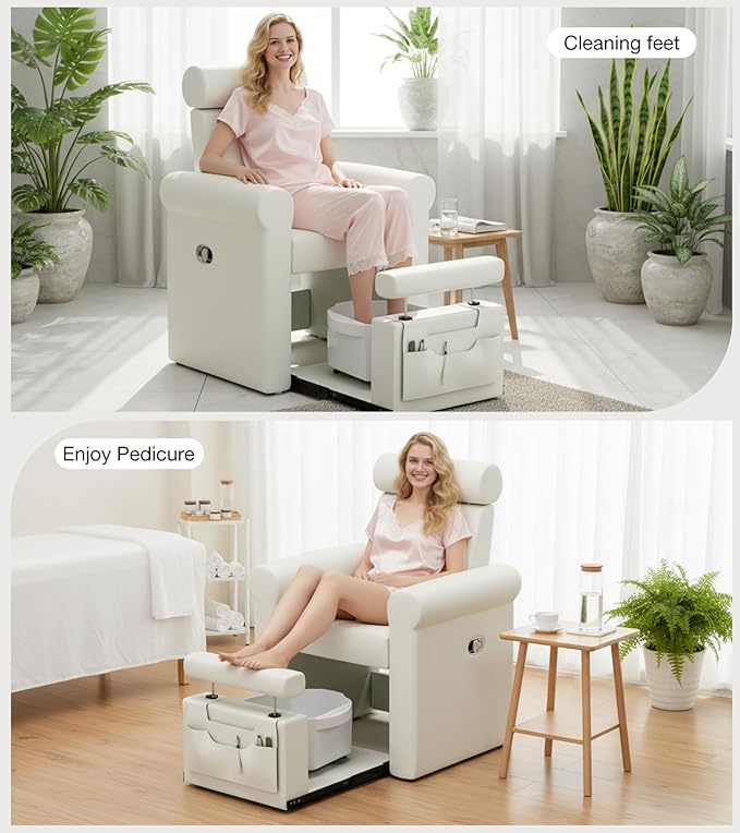Icoget Professional Pedicure Chair No Plumbing, Reclining Pedicure Station Pipeless with Retractable Base and Adjustable Legrest Used in Salons, Home, Waterproof Foot Spa Chairs, White