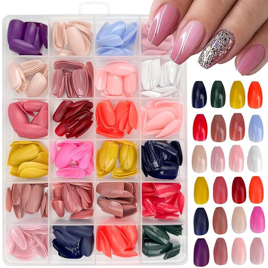 576 Pcs Short Coffin Press on Nails Solid Color Fake Nails Full Cover False Nails Glossy & Matte Acrylic Glue on Nails Reusable Artificial Nails Stick on Nails for Women Manicure 24 Color