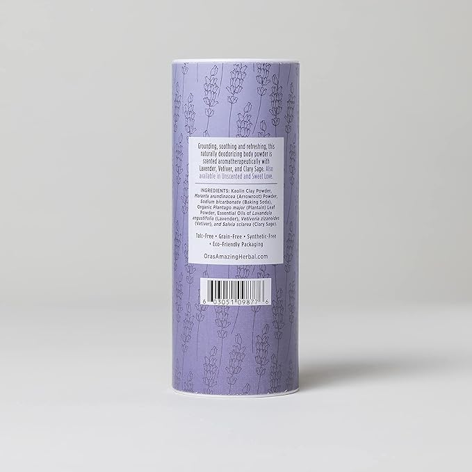 Ora's Amazing Herbal Talc Free Body Powder for Women, Cornstarch Free Talcum Dusting, Grounding Relaxation Scent, Essential Oils Lavender, Vetiver, Clary Sage, Blissful Earth 2.5 oz