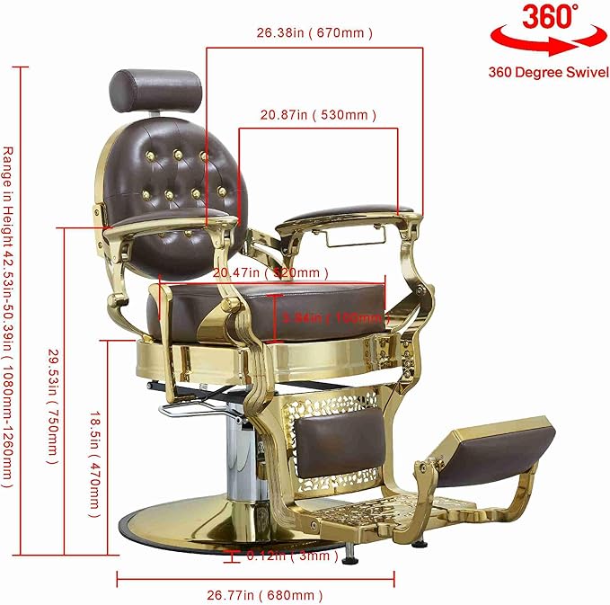 Professional Adjustable Vintage Barber Chair for Hairdressers Heavy Tattoo Shampoo Beauty Salon Equipment(Golden Square)