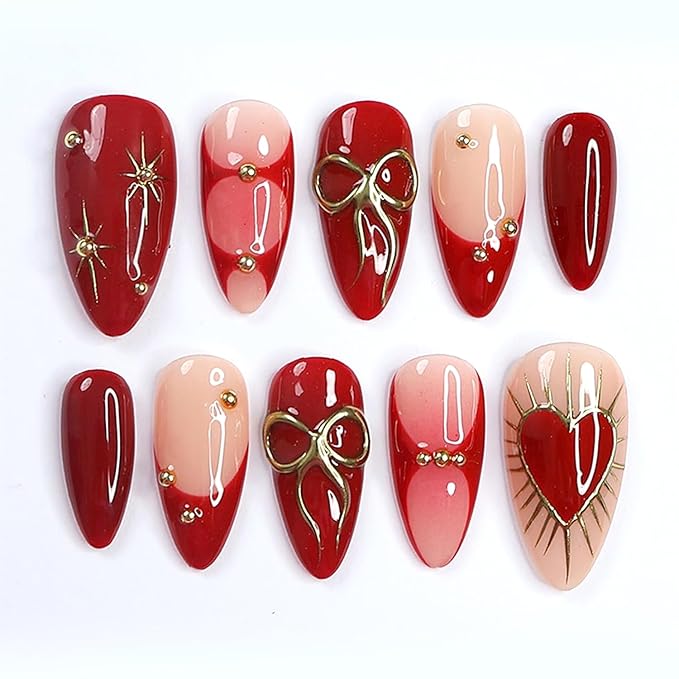 30Pcs Red Press on Nails Medium Almond-Shaped Fake Nails Bow Gold Line Design French Nail Tips Shiny Stars False Nails Cute Stick on Nails Heart Nail Handmade Full Cover Artificial Nail for Women