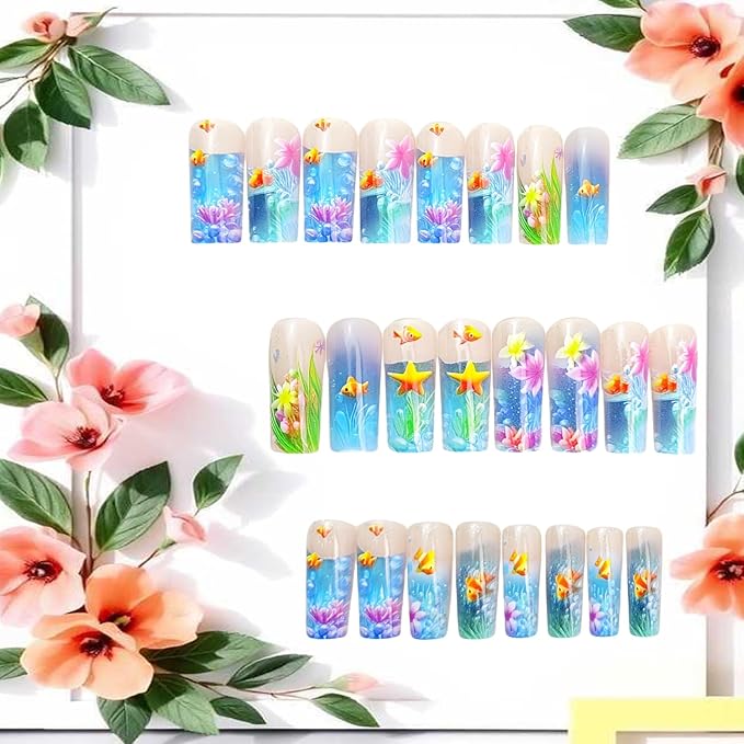 Press on Nails Long Square Blue Ocean Acrylic False Nail Starfish Flower and Fish Pattern Design Full Cover Glossy Artificial Fingernails Square Stick on Nail Reusable Glue on Nails for Women 24Pcs
