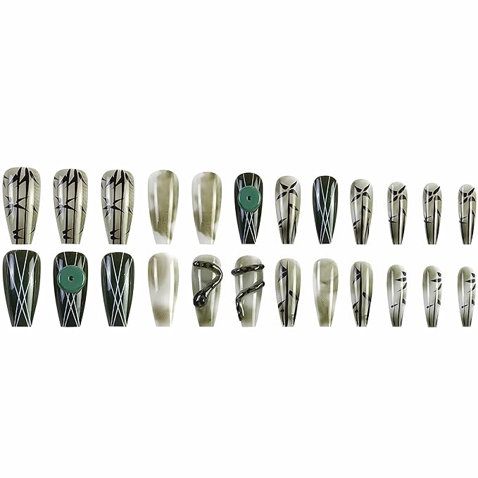 BABALAL Long Coffin Press on False Nails Dark Green Fake Nails Bamboo Glue ons Nail 3d Snake Goth Design Acrylic Nails 24Pcs Ballerina Suppplies Art