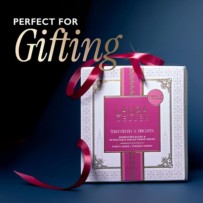 LAURA GELLER NEW YORK Holiday 2025 Limited Edition Baked Blush-n-Brighten Marbleized Blush - Skyline Sunset - Pink Color for Cheeks (02 Skyline Sunset + Kabuki Brush)