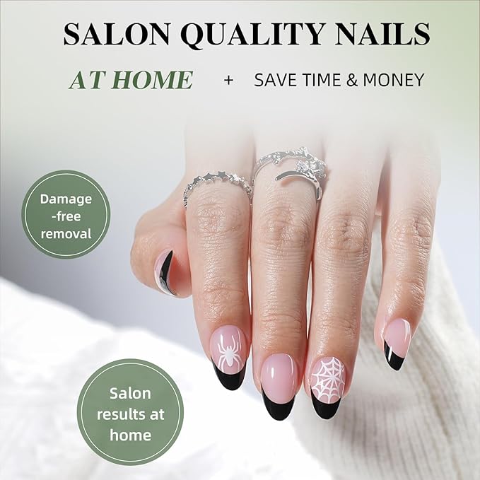 Spider Press On Nails Short Almond Spider Fake Nails with Spider Design, Black French Tip Press On Nails Reusable Stick On Nails in 16 Sizes, 32pcs False Nail Kit for Women & Girls
