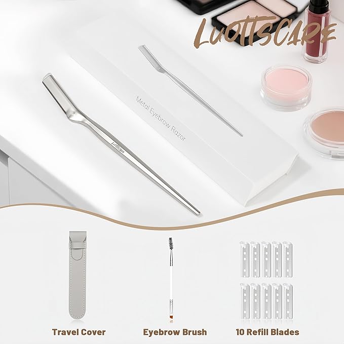 Stainless Steel Eyebrow Razor - Face Razors with Travel Cover & 10 Refill Blades, Eyebrow Brush - Help Exfoliate and Smooth Skin for Eyebrow, Leg, BIKINI, Facial, Beard Remove - L