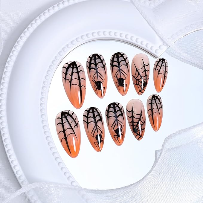 24Pcs Halloween Press on Nails Medium Almond Fake Nails with Spider Design Halloween Glue on Nails Gradient Orange Acrylic Nails Spider Web Full Cover Goth False Nails for Women Manicure Decoration