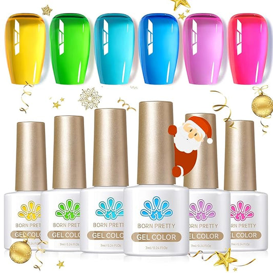 Born Pretty Jelly Gel Nail Polish Christmas Neon Gel Polish,Hot Pink Purple Blue Green Yellow 6Colors Translucent Effect,Soak Off U v LED Light Cure Nail Art Kit for Salon Manicure and DIY at Home