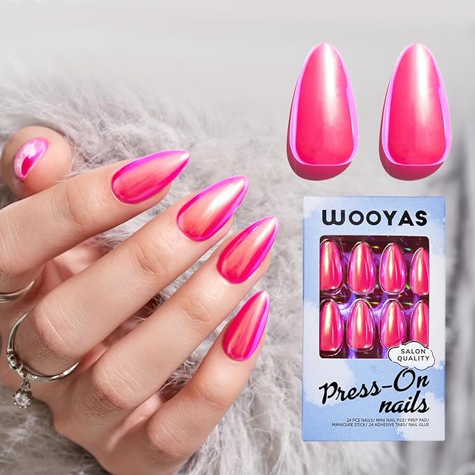 Press on Nails Medium Almond - Hot Pink Chrome Fake Nails,Supremely Fit &Natural Glue on Nails, Reusable Stick On Nails with Mini Nail File, Glue, 12 Sizes Handmade False Nail Kit