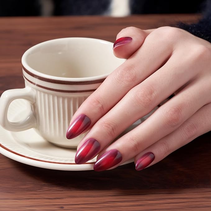 Wooyas Press on Nails Almond, Ombre Red Short Stiletto Glossy False Nails,Reusable Salon Perfect Fake Nail Kit in 12 Sizes - 24 Pcs Soft Gel Glue On Nails Kit for Women Gift