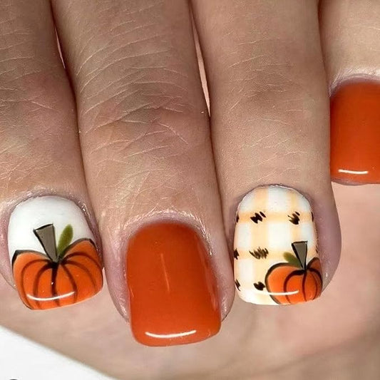 Pumpkin Checkered Press on Nails Short Square Thanksgiving Fake Nails Cute Acrylic Nails Fall Gel Glue on Nail Orange Glossy False Nail Autumn Stick on Fingernails for Women 24Pcs