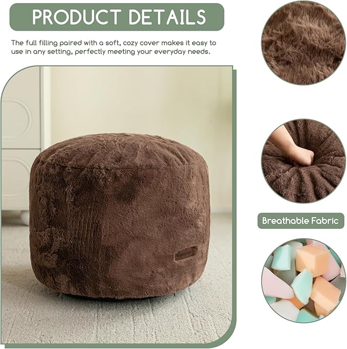 HIGOGOGO Pouf Stuffed Ottoman Round Modern Foam Filled Foot Rest Chair Decorative Poufs 26 x 18 Inches Fluffy Boho Comfy Stool for Living Room, Brown