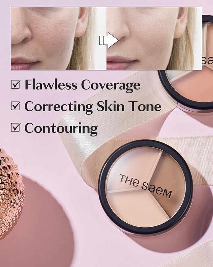 THESAEM Cover Perfection Triple Pot Concealer 01 Correct Beige + 02 Contour Beige - 3 Color Concealer for Medium & Natural Tone - Full Coverage, Correct & Conceal Redness, Dark Circles, Contouring