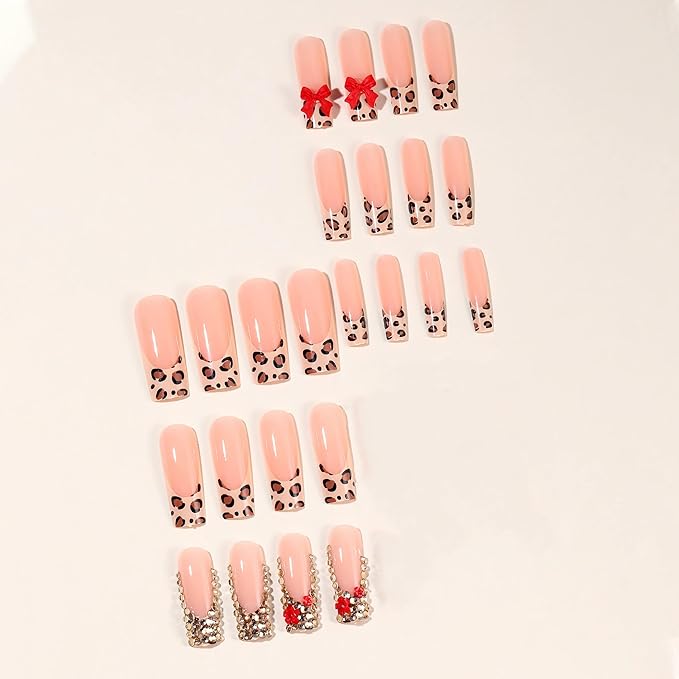 BABALAL French Tip Press on Acrylic Nails Long Square Fake Nails Supplies Brown Cheetah Fall with Bow Charm Rhinestone Bling False Nails with Glue Wild Gyaru Aesthetic 24Pcs Squoval