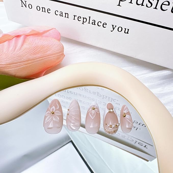 24Pcs White French Tip Press on Nails Medium Almond Fake Nails with Seashell Designs 3D Flower Acrylic Nails Gold Rhinestones Stick on Nails Summer False Nails Cute Ribbon Glue on Nails for Women