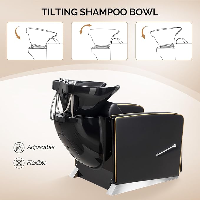 OmySalon Backwash Shampoo Unit for Salon, Hair Washing Station with Ceramic Bowl Adjustable Footrest, Reclining Shampoo Chair for Beauty Spa Barbershop