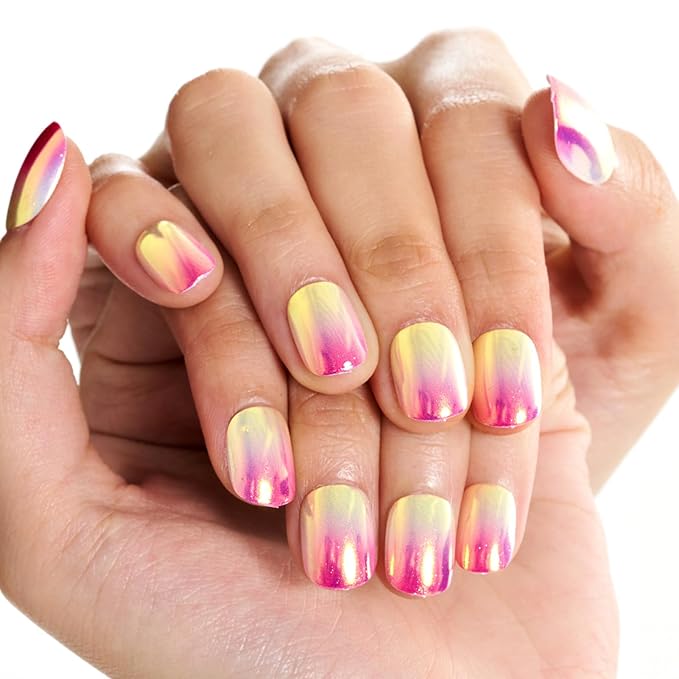 GLAMERMAID Extra Short Press on Nails 24PCS, Pink Nude Ombre Chrome Fall Gel Glue on Nails, Glossy Round Reusable UV Finish Fake Nails Acrylic False Nails Manicure Kits for Women