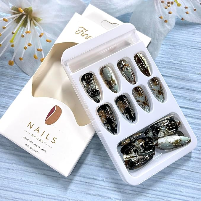 Press on Nails Almond Medium Gold Metal Butterfly Pattern Design Full Cover Glossy Artificial Fingernails Almond Shaped Acrylic Fake Nail 24Pcs Reusable Glue on Nails for Women