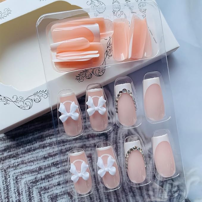 24Pcs Long Square Press on Nails White French Tip Fake Nails with Gem Design Rhinestones Glue on Nails Reusable Bow False Nails Glossy Full Cover Stick on Nails for Women Girls Acrylic Manicure Salon