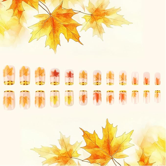 Checkered French Press on Nails 24Pcs Fall Maple Leaf Fake Nails Autumn Leaves False Nails Thanksgiving Glue on Nail Medium Square Full Cover Glossy Acrylic Stick on Nail for Women