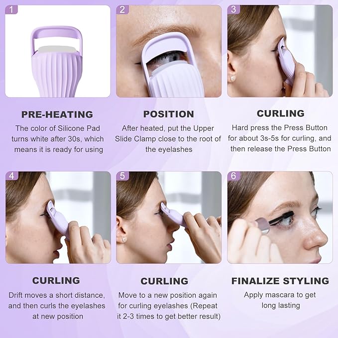 Heated Eyelash Curler Pro,Heated Lashes Curler with 149°F /167°F Heat Settings, Heat Eye Lashes Curler with Food-Grade Silicone pad and Rechargeable 600mAh Battery (Violet)