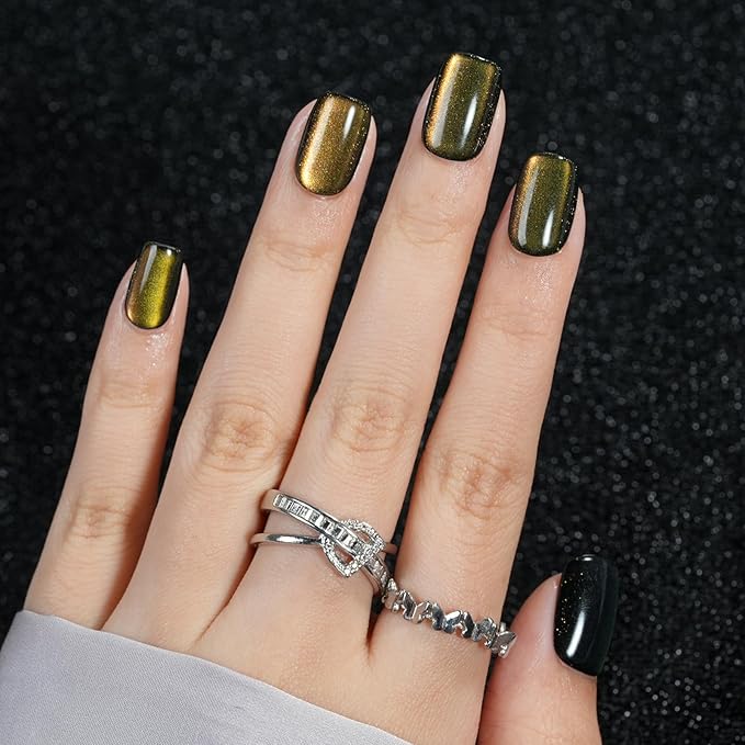 Cat Eye Press on Nails Short, Jofay Fashion Soft Gel Fake Nails, Stylish Square Press on Nails, Reusable & Natural Acrylic False Nails, Stick on Nails for Women Girls Gift, Glue on Nails Kit 32 Pcs