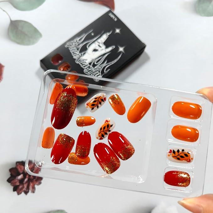 Fall Press on Nails Short Oval Fake Nails Gold Glitter False Nail with Black Leaf Designs Orange Red Glossy Glue on Nails Cute Acrylic Nail Press ons Reusable Manicure Kit for Women 24Pcs