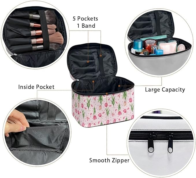 Pink Tulip Floral Heart Print Travel Makeup Bags for Women Portable Tote Cosmetic Case with Carry Handle Toiletry Accessories Storage Organizer Bags for Valentine's Day Mother's Day