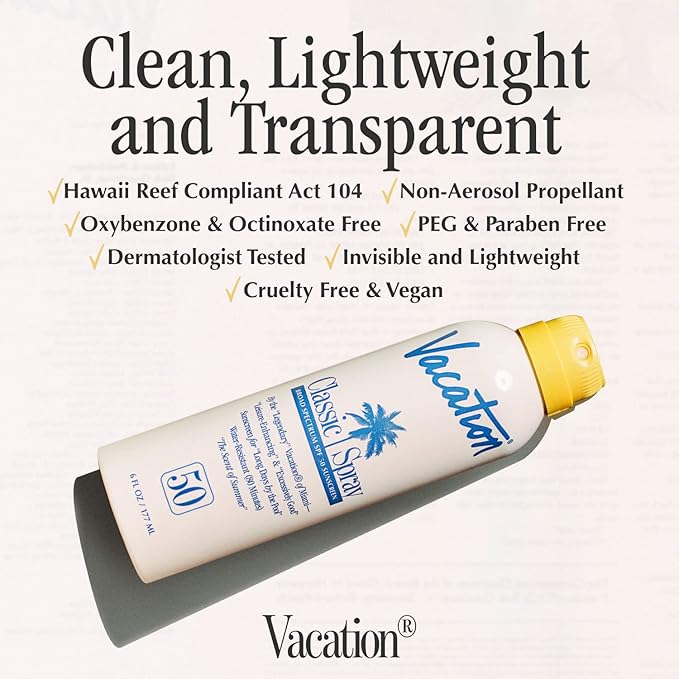 Vacation Classic Spray Sunscreen SPF 50 3-Pack, Broad Spectrum Sunscreen Spray, Vegan Sunblock Spray, Body Lotion with SPF, Spray Sunscreen SPF 50, 6 fl. oz. (Pack of 3)