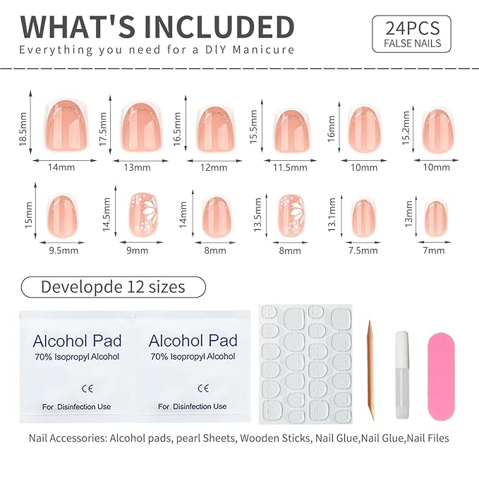 Square Press On Nails Short – Nude Pink French Tips with White Floral Design, 24PCS Thick Acrylic Fake Nails Kit, Glossy Reusable Stick On Nails with Glue & Tools for Women, Elegant DIY Manicure