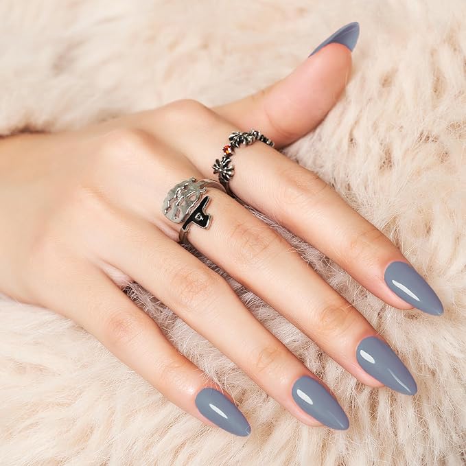 Grey Press On Nails Almond Shape, WOOYAS Glossy Fake Nails Press-ons Kit, Handmade Glue On Nails Medium Length Reusable Soft Gel False Nails Almond Stick On Nails for Women Girls, Dark Grey Blue