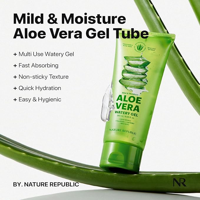 Nature Republic MILD & MOISTURE ALOE VERA WATERY GEL (TUBE) Quick Hydration & fast absorbing non-sticky texture, aftersun cooling pack, Moisturizing Face Skin & Hair,korean skin care All Skin Types
