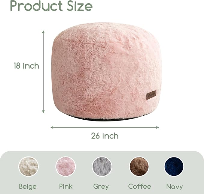 HIGOGOGO Pouf Stuffed Ottoman Round Modern Foam Filled Foot Rest Chair Decorative Poufs 26 x 18 Inches Fluffy Boho Comfy Stool for Living Room, Pink