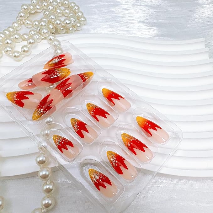 24pcs French Tip Press on Nails Medium Almond Fake Nails with Glitter Designs Flame False Nails Kit Gold Red Acrylic Nails Stick on Nails Full Cover Glue on Nails for Women Nail Decoration