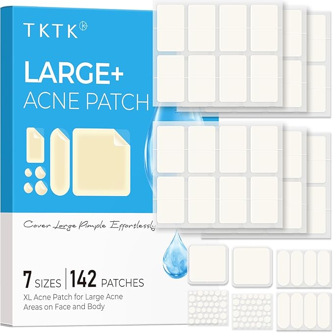 Large Acne Patches for Face, 7 Sizes Big Pimple Patches, XL Hydrocolloid Bandages for Body, Chin, Forehead, Nose, Back Blemish Zit Breakouts, Hydrocolloid Patch (Square, Strip, Dot 142 Count)