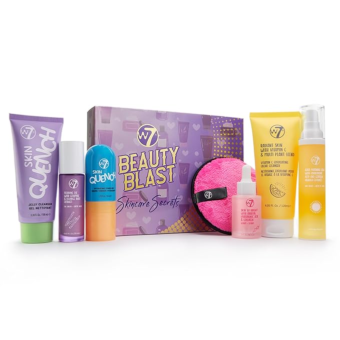 W7 Beauty Blast Skincare Secrets Gift Set - Complete Full Size Skincare Routine with Day Cream, Serum, Cleansers, Toner Mist, Eye Cream and Makeup Remover Pad - Skincare Gifting