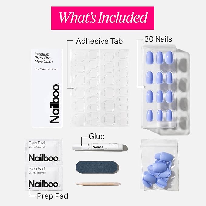 Nailboo Press On Nails, Salon-Quality Reusable Fake Nails for Fast DIY Manicure with Strong Hold Nail Glue for Press Ons, Nail File, & Alcohol Prep Pads, Baby Blue