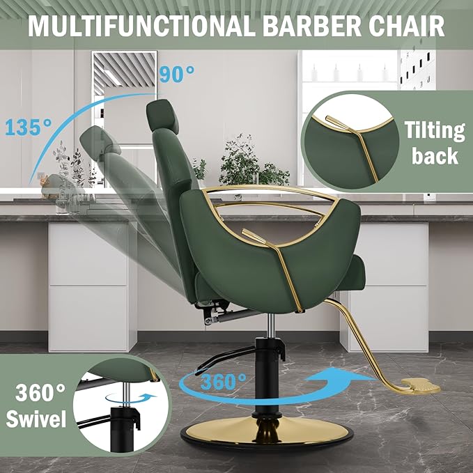 Salon Chair for Hair Stylist, 360° Swivel Reclining Barber Hair Styling Chair, Height Adjustable Spa Beauty Equipment for Home Barbershop, Green Gold